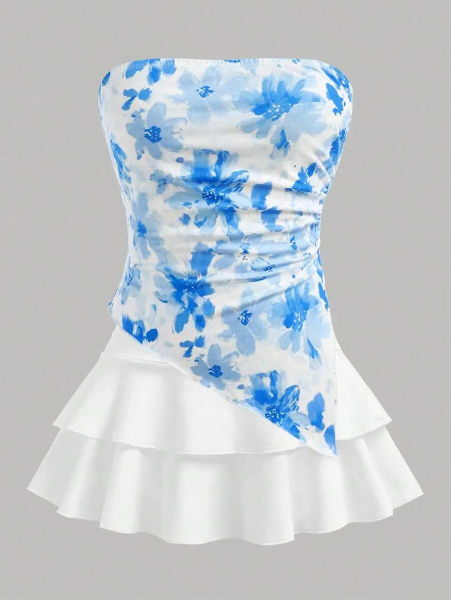 Teen Girls' Blue & White Floral Crop Top & Skirt Set – Asymmetrical Ruched Hem Layered Holiday Outfit
