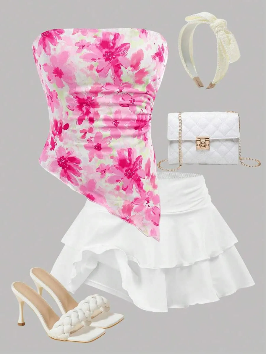 Teen Girls' Blue & White Floral Crop Top & Skirt Set – Asymmetrical Ruched Hem Layered Holiday Outfit