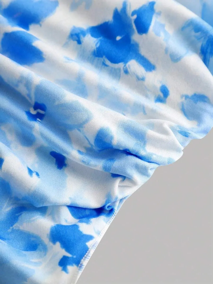 Teen Girls' Blue & White Floral Crop Top & Skirt Set – Asymmetrical Ruched Hem Layered Holiday Outfit