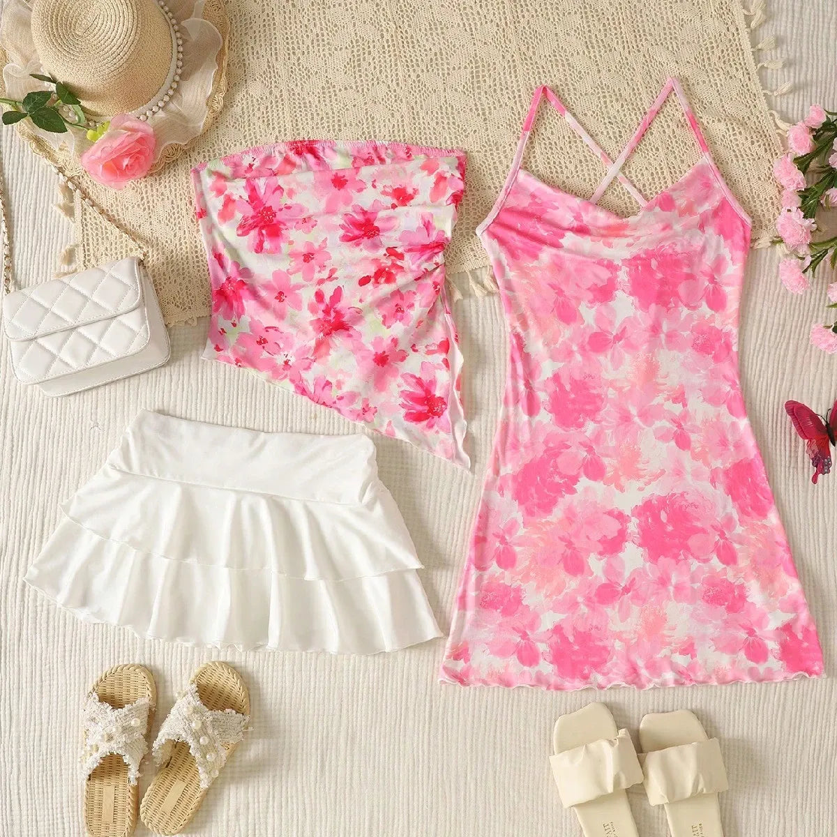 Teen Girls' Blue & White Floral Crop Top & Skirt Set – Asymmetrical Ruched Hem Layered Holiday Outfit