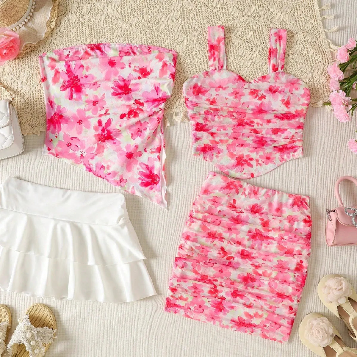 Teen Girls' Blue & White Floral Crop Top & Skirt Set – Asymmetrical Ruched Hem Layered Holiday Outfit