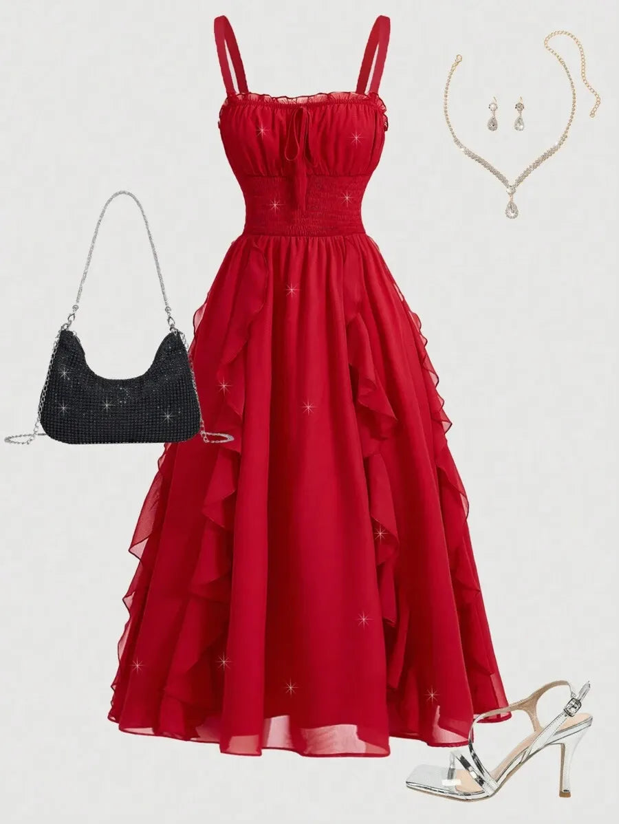 Teen Girls' Chiffon Ruffle Strap Dress – Solid Color Elegant Dress for Tea Parties & Casual Events