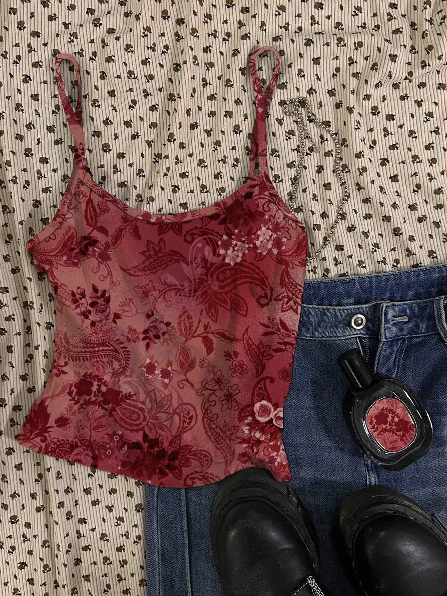 Women's Angola Red Ditsy Floral Cami Top – Vintage Curly Retro Roman Style Summer Crop Top for Teen Girls