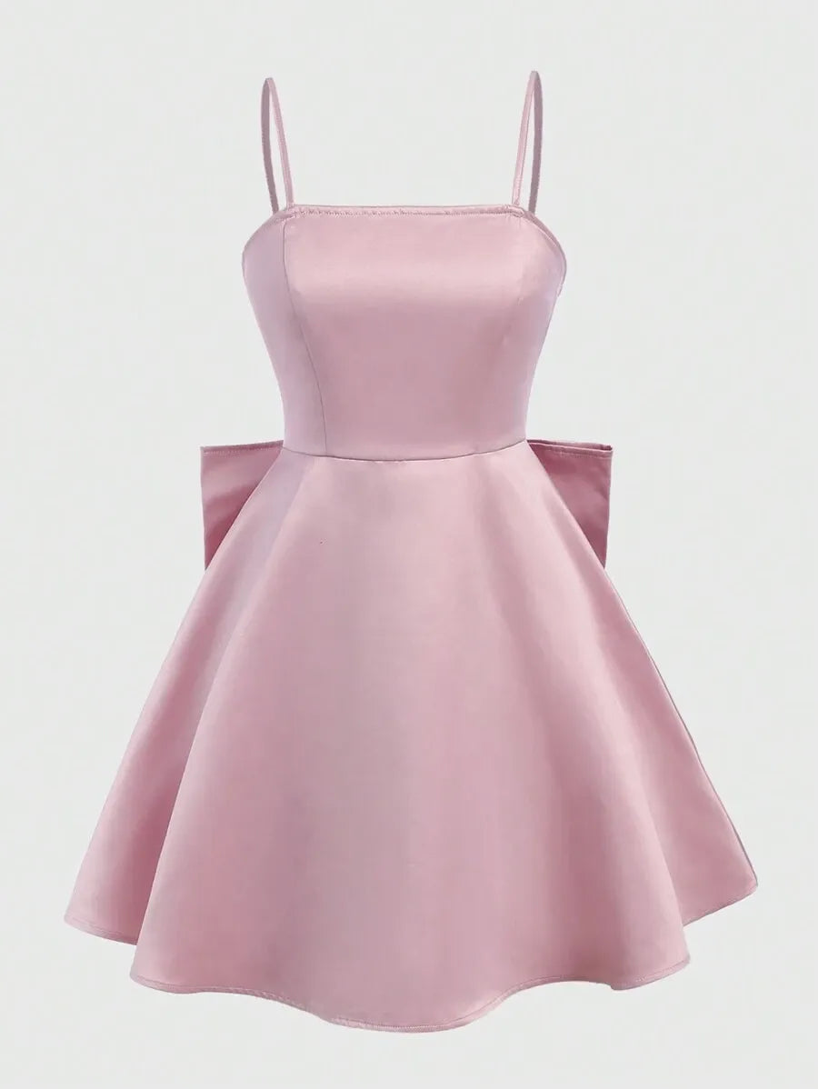 Teen Girls' Satin Camisole Dress with Removable Bow – Graduation Dress for Elegant Events
