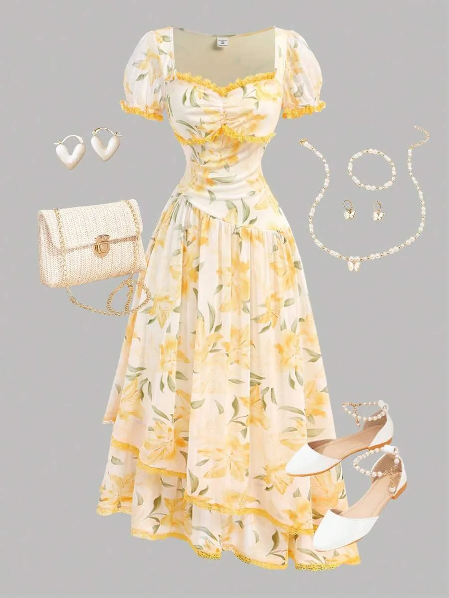 Teen Girls' Yellow Puff Sleeve Floral Dress – Elegant Spring Outfit for Parties & Special Occasions