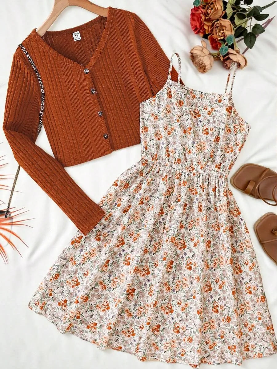 Teen Girls' Ribbed Cardigan & Ditsy Floral Dress Set – Vintage Summer Two-Piece Outfit for Holidays & Casual Days