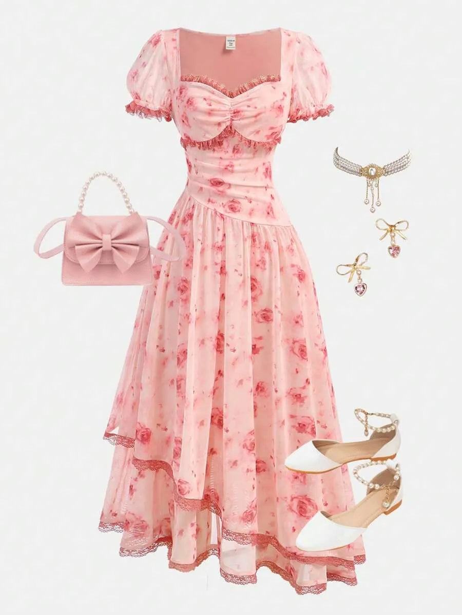 Teen Girls' Yellow Puff Sleeve Floral Dress – Elegant Spring Outfit for Parties & Special Occasions