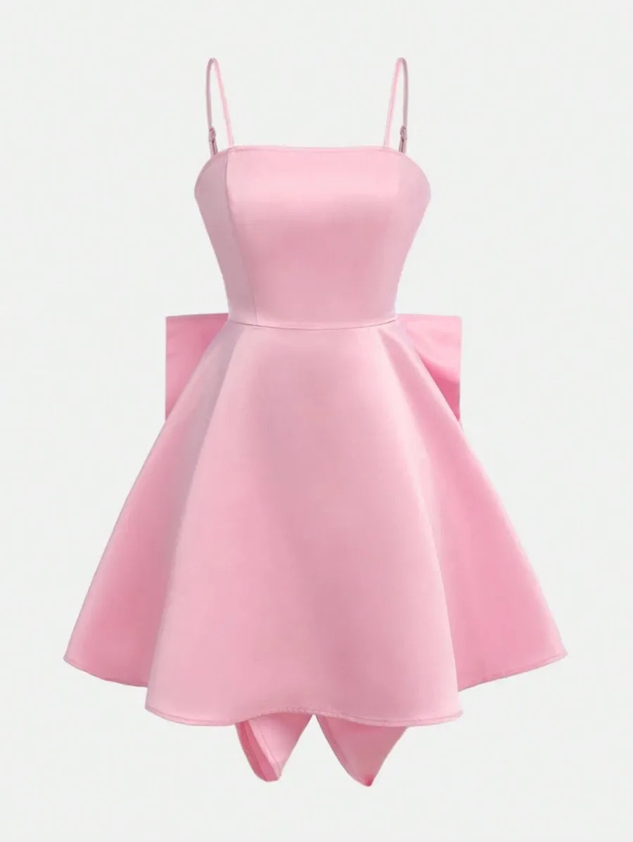 Teen Girls' Satin Camisole Dress with Removable Bow – Graduation Dress for Elegant Events