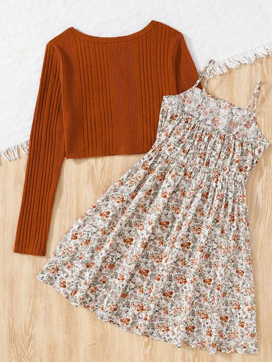 Teen Girls' Ribbed Cardigan & Ditsy Floral Dress Set – Vintage Summer Two-Piece Outfit for Holidays & Casual Days