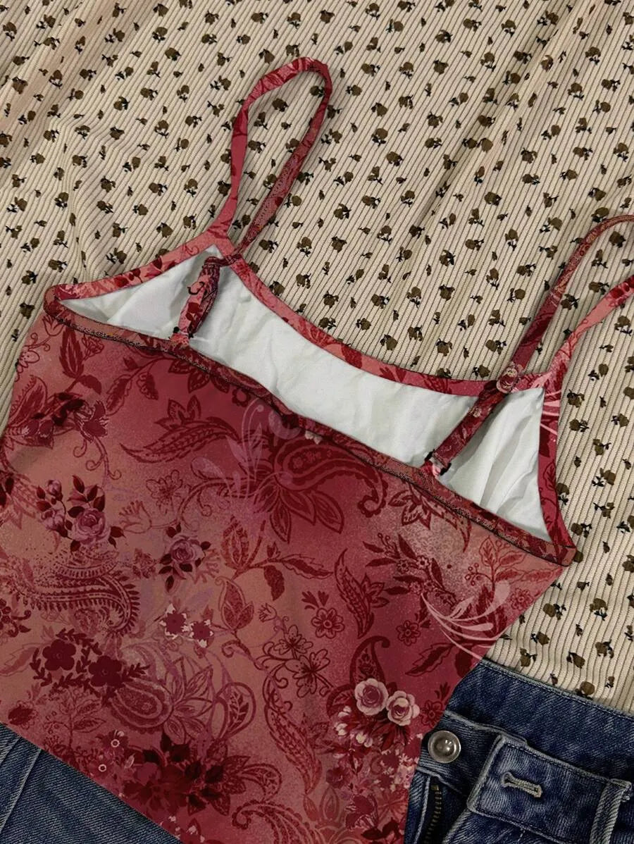 Women's Angola Red Ditsy Floral Cami Top – Vintage Curly Retro Roman Style Summer Crop Top for Teen Girls