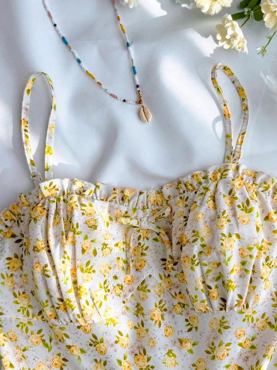 Teen Girls' Yellow Ditsy Floral Slip Dress – Woven Casual Dress for Sweet Spring & Summer Outfits