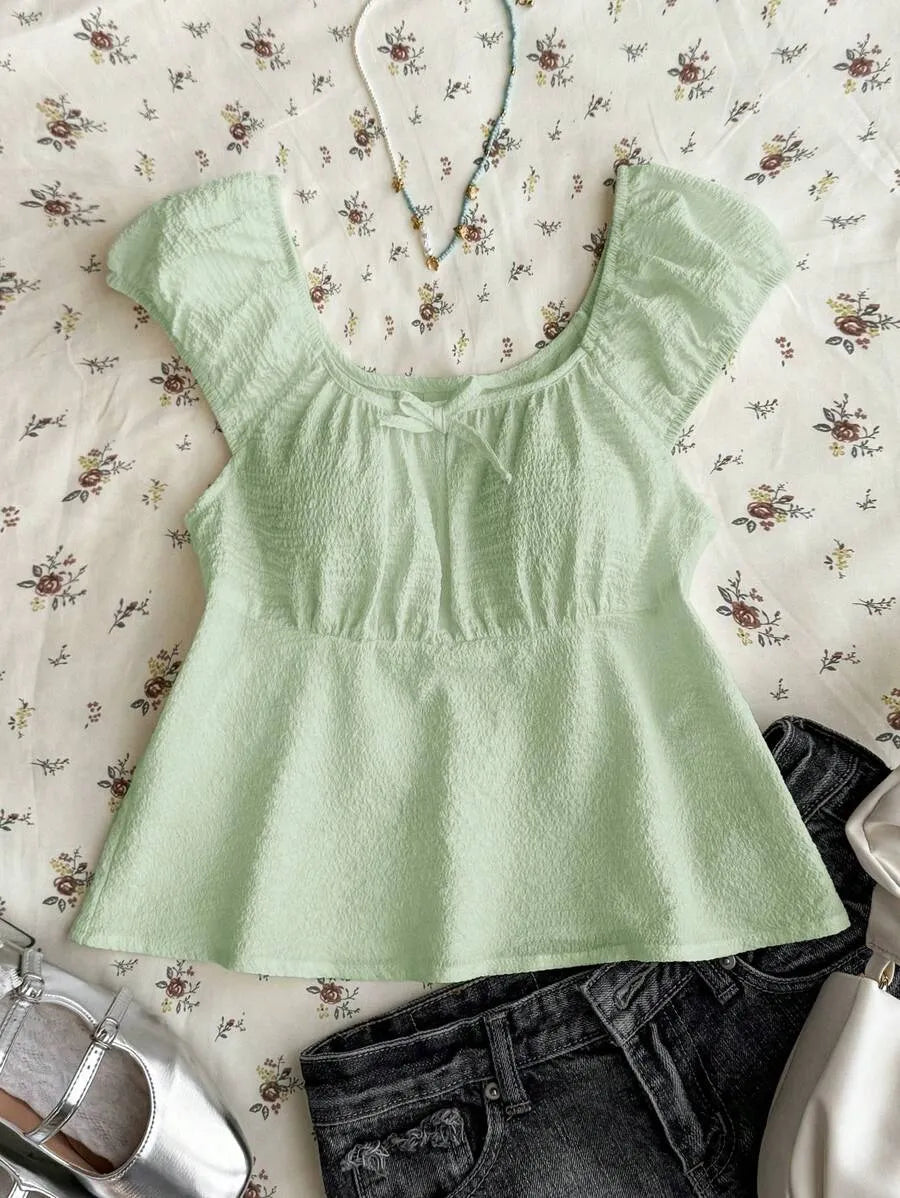 Teen Girls' Yellow Textured A-Line Short Top – Square Neck Bubble Fabric Shirt, Cute College Style