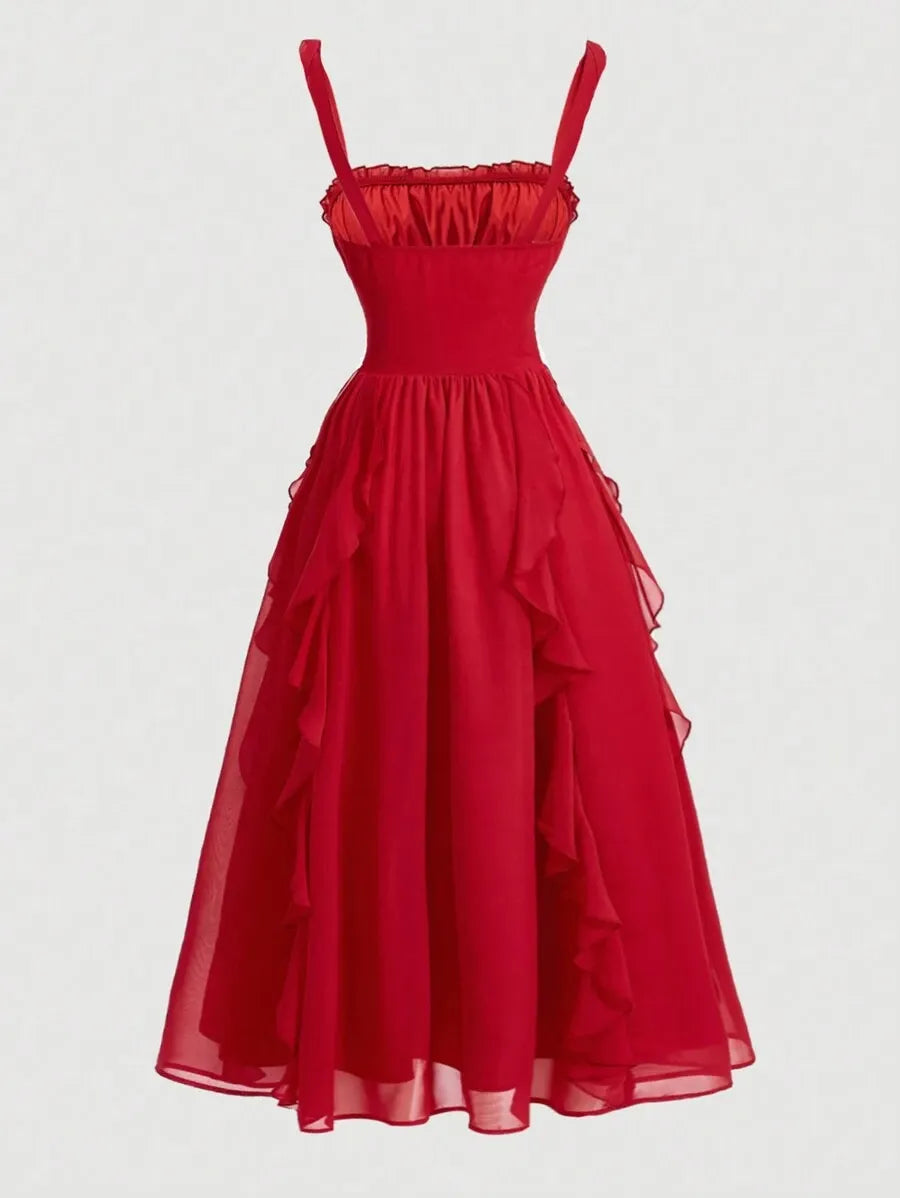 Teen Girls' Chiffon Ruffle Strap Dress – Solid Color Elegant Dress for Tea Parties & Casual Events