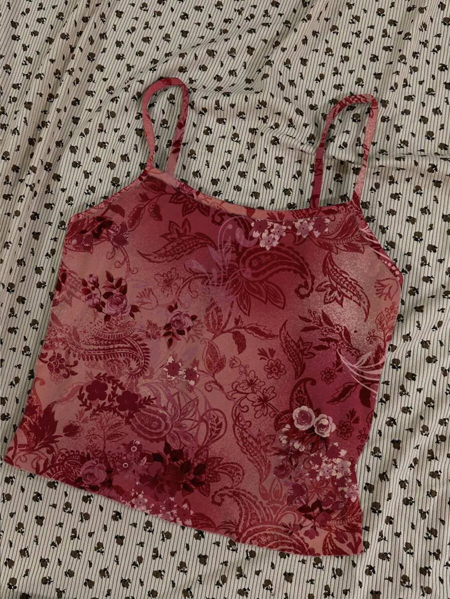 Women's Angola Red Ditsy Floral Cami Top – Vintage Curly Retro Roman Style Summer Crop Top for Teen Girls