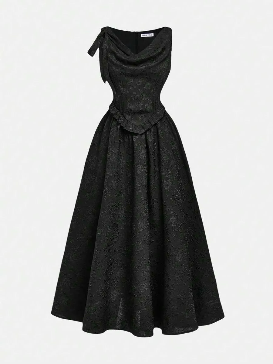 Teen Girls' Sleeveless Jacquard Dress – Elegant Solid Color Woven Design with Removable Bow Collar