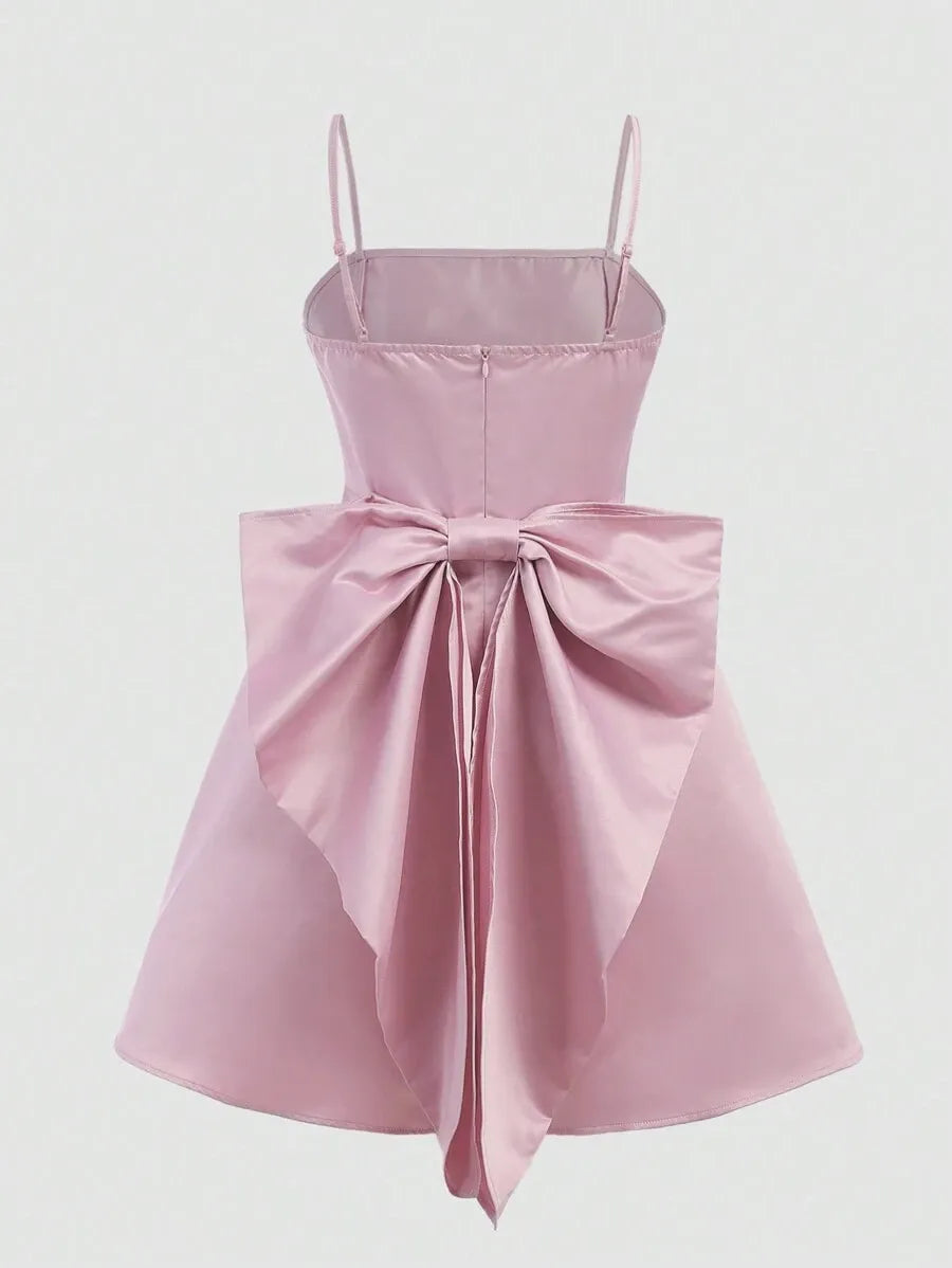 Teen Girls' Satin Camisole Dress with Removable Bow – Graduation Dress for Elegant Events