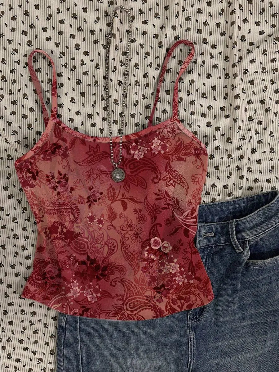 Women's Angola Red Ditsy Floral Cami Top – Vintage Curly Retro Roman Style Summer Crop Top for Teen Girls