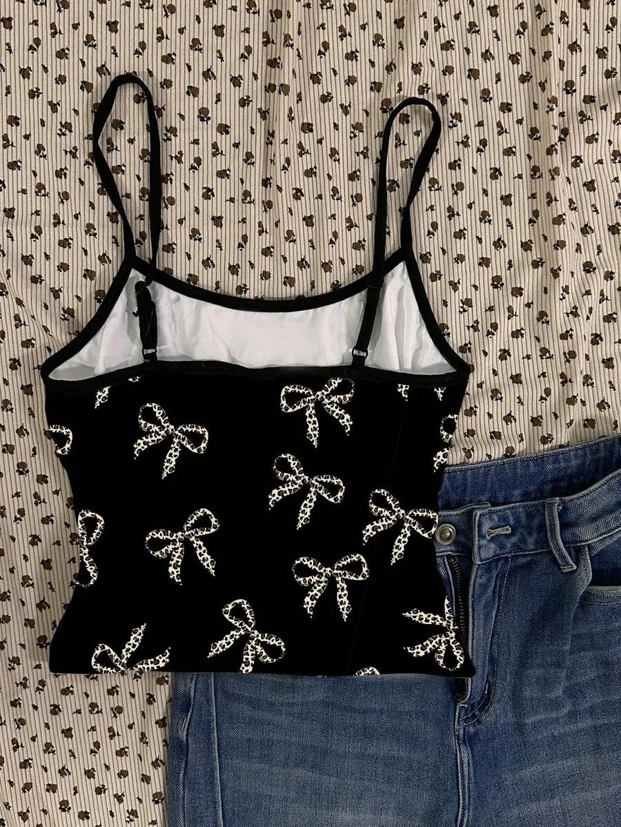 Women's Angola Red Ditsy Floral Cami Top – Vintage Curly Retro Roman Style Summer Crop Top for Teen Girls