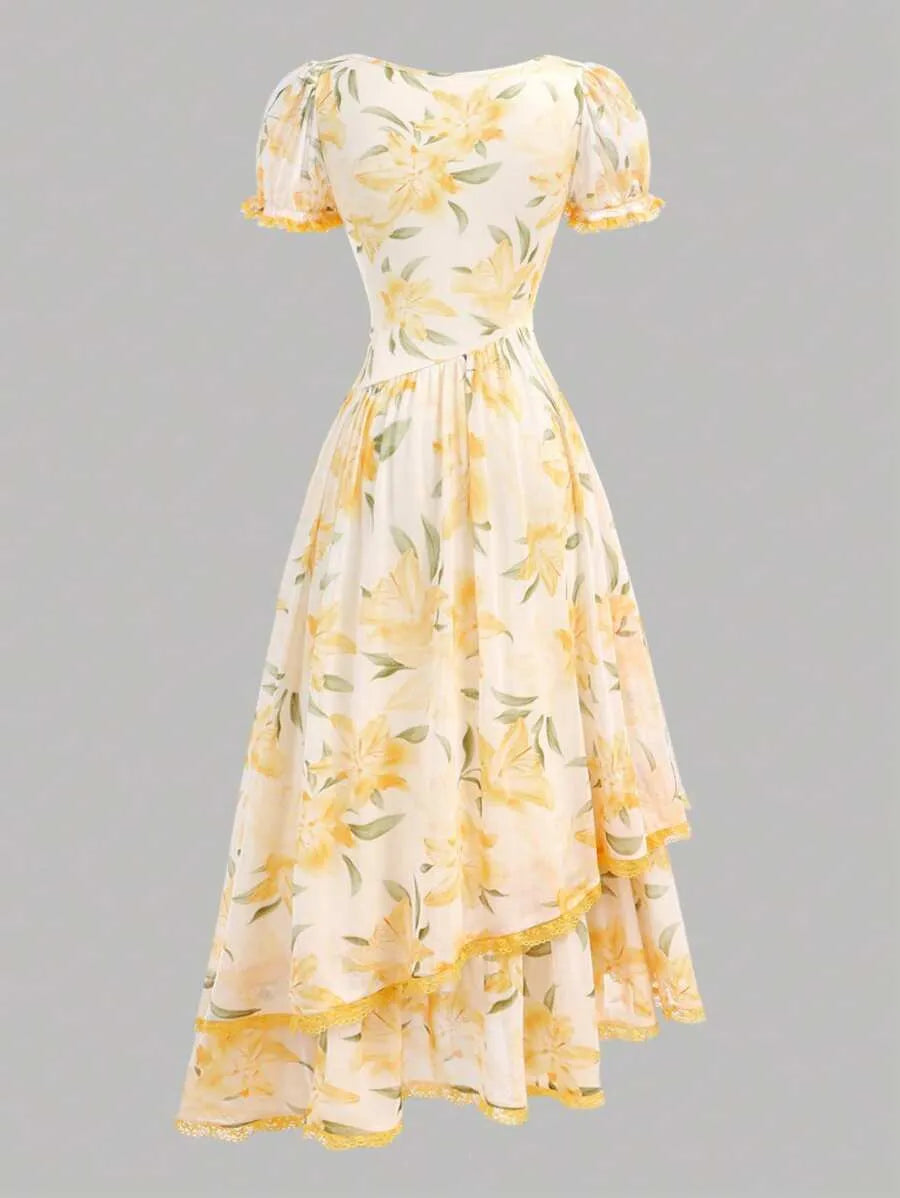 Teen Girls' Yellow Puff Sleeve Floral Dress – Elegant Spring Outfit for Parties & Special Occasions