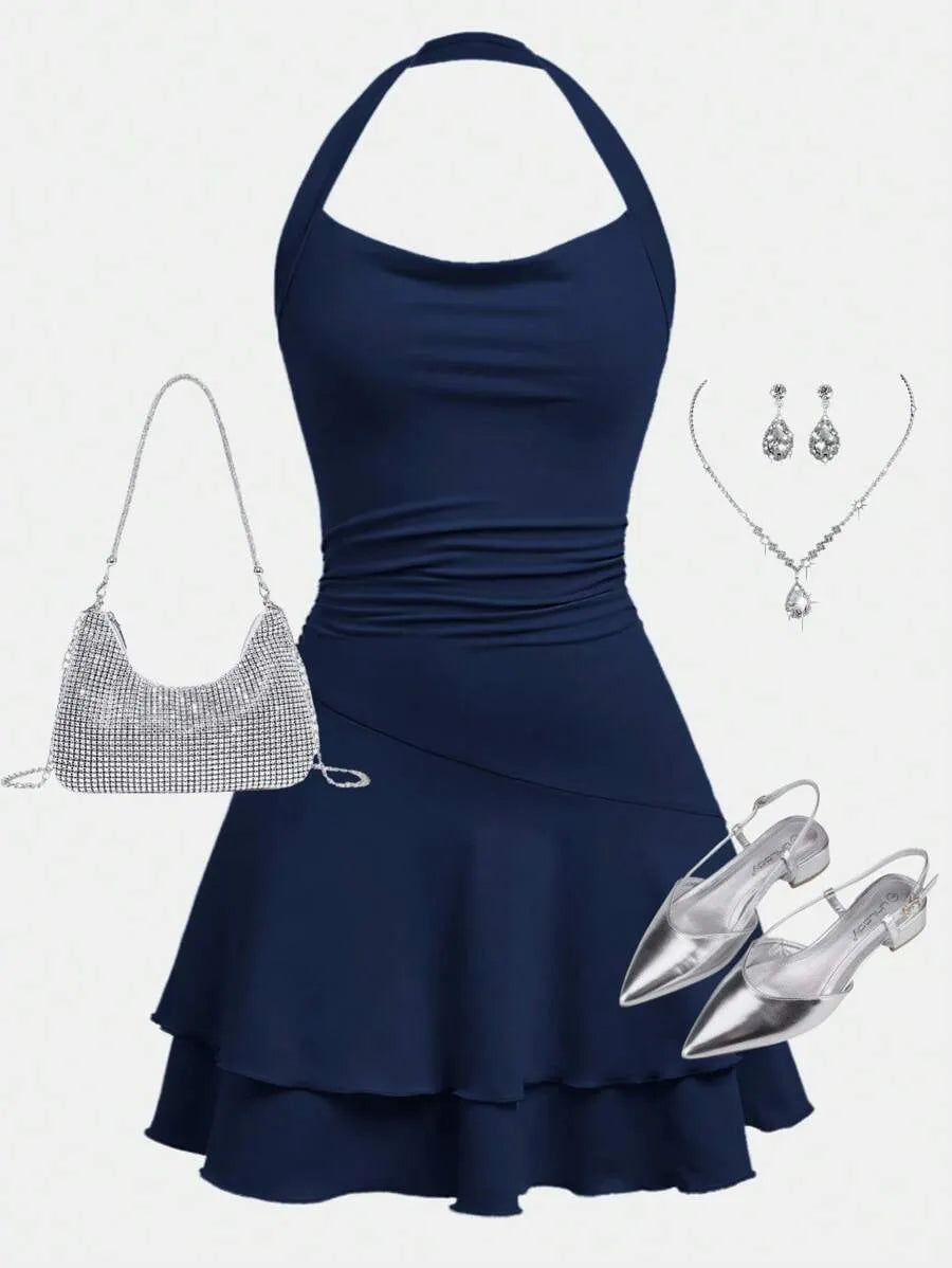 Teen Girls' Knitted Halter Skater Dress – Ruffle Hem Graduation Dress for Special Occasions