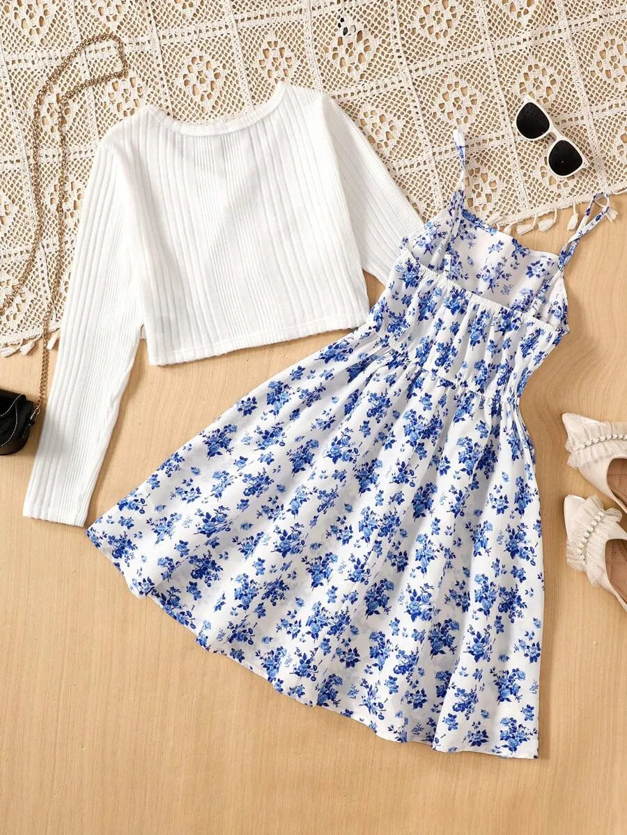 Teen Girls' Ribbed Cardigan & Ditsy Floral Dress Set – Vintage Summer Two-Piece Outfit for Holidays & Casual Days