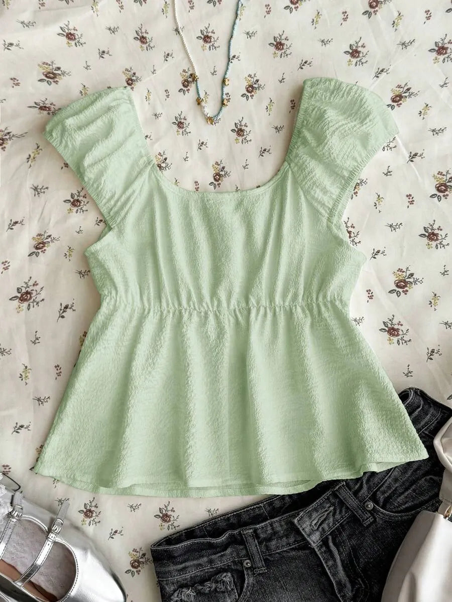 Teen Girls' Yellow Textured A-Line Short Top – Square Neck Bubble Fabric Shirt, Cute College Style