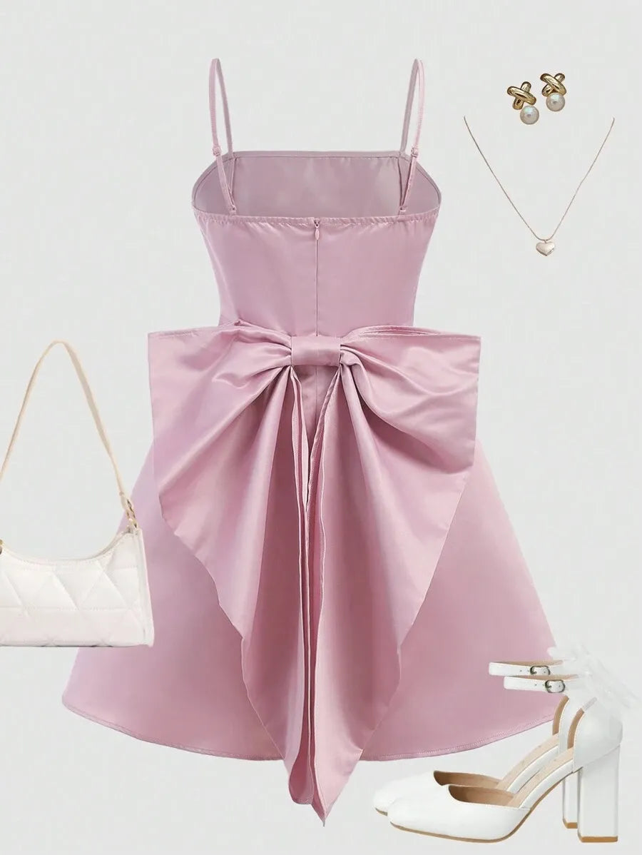 Teen Girls' Satin Camisole Dress with Removable Bow – Graduation Dress for Elegant Events