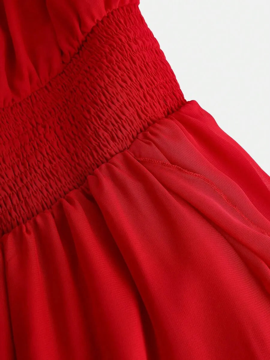 Teen Girls' Chiffon Ruffle Strap Dress – Solid Color Elegant Dress for Tea Parties & Casual Events