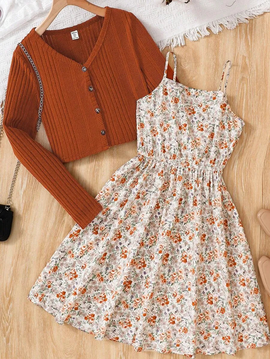 Teen Girls' Ribbed Cardigan & Ditsy Floral Dress Set – Vintage Summer Two-Piece Outfit for Holidays & Casual Days