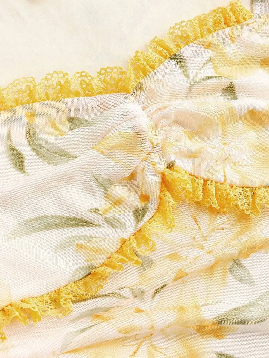 Teen Girls' Yellow Puff Sleeve Floral Dress – Elegant Spring Outfit for Parties & Special Occasions