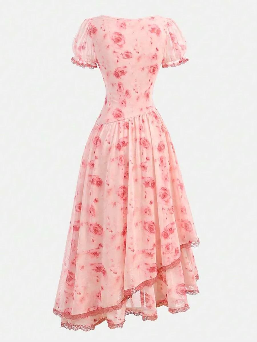 Teen Girls' Yellow Puff Sleeve Floral Dress – Elegant Spring Outfit for Parties & Special Occasions