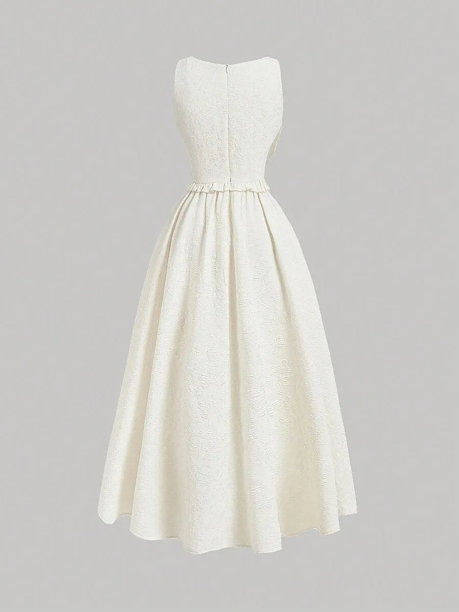 Teen Girls' Sleeveless Jacquard Dress – Elegant Solid Color Woven Design with Removable Bow Collar