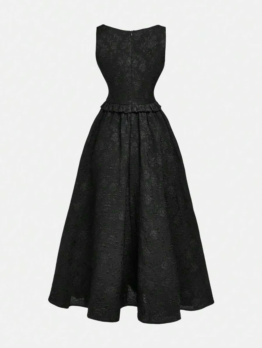 Teen Girls' Sleeveless Jacquard Dress – Elegant Solid Color Woven Design with Removable Bow Collar