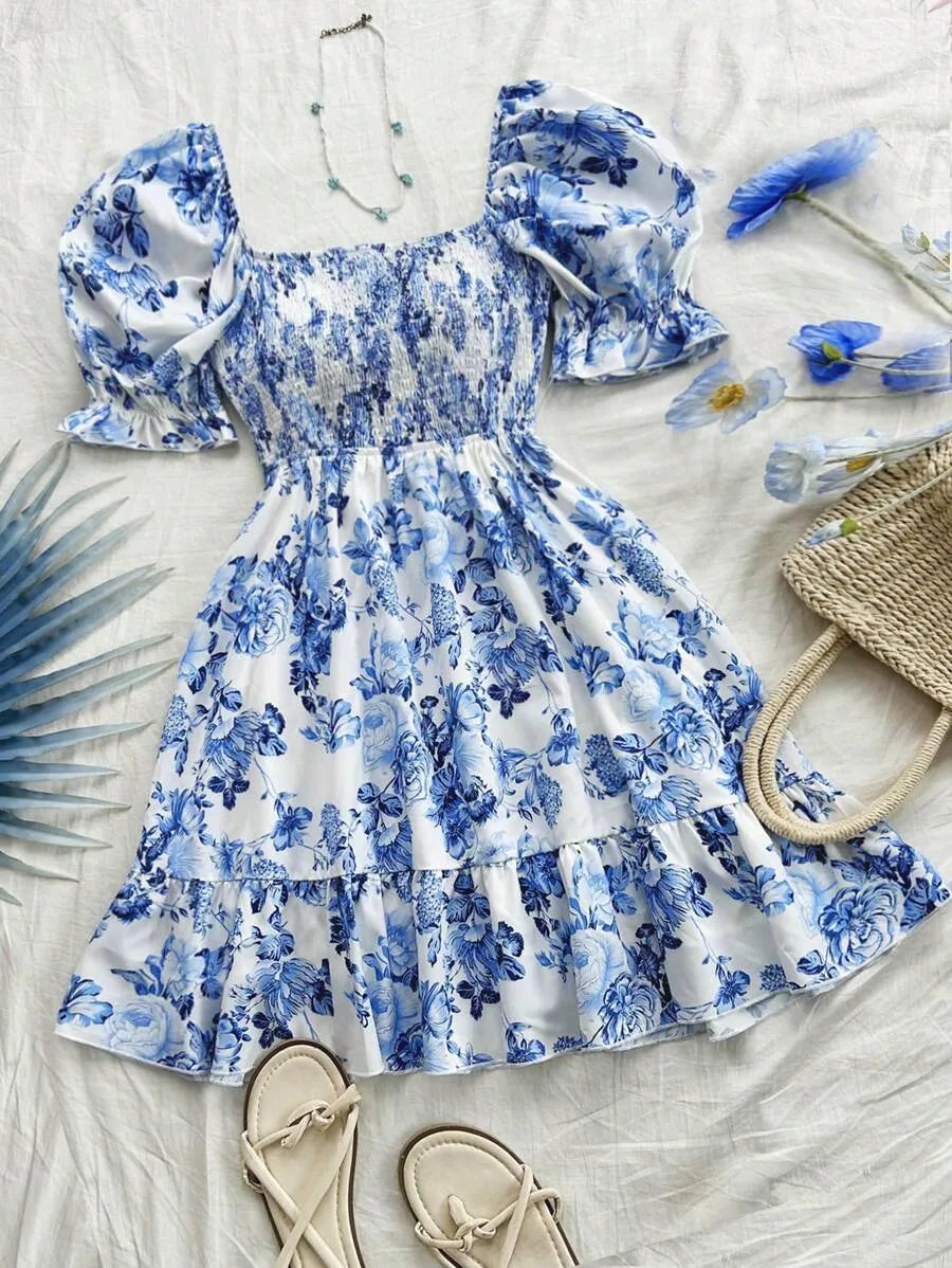 Teen Girls' Puff Sleeve Backless Floral Dress – Waist-Cinched A-Line Vacation Dress for Spring & Summer