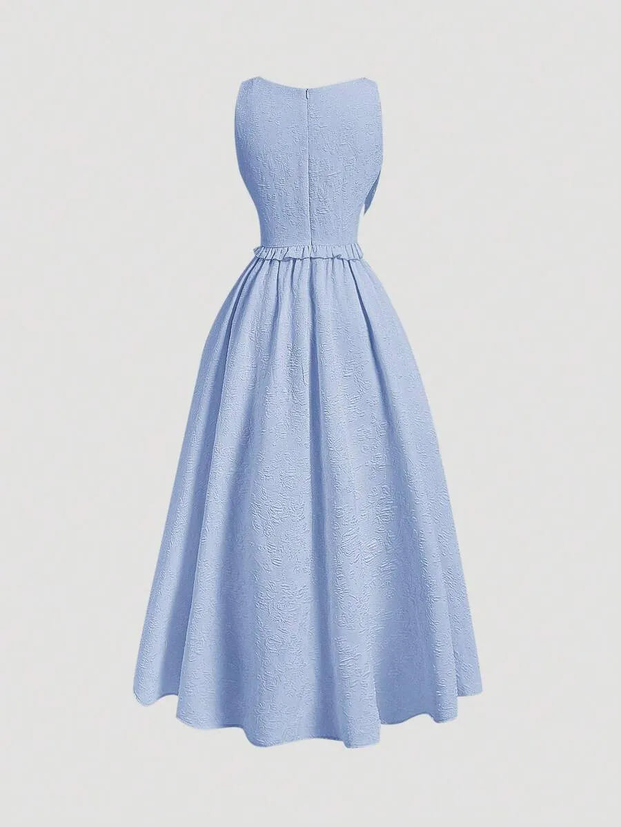Teen Girls' Sleeveless Jacquard Dress – Elegant Solid Color Woven Design with Removable Bow Collar