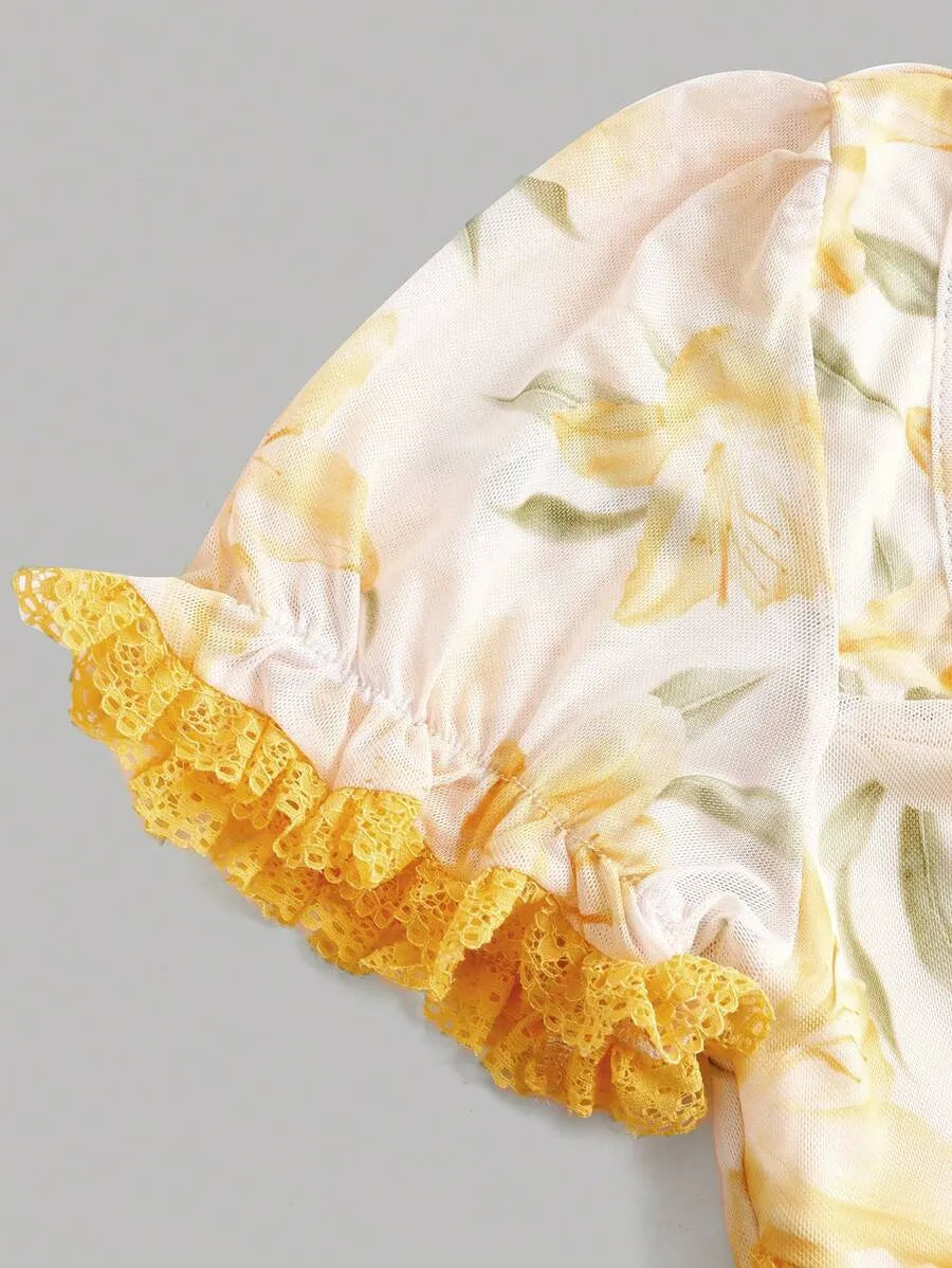 Teen Girls' Yellow Puff Sleeve Floral Dress – Elegant Spring Outfit for Parties & Special Occasions