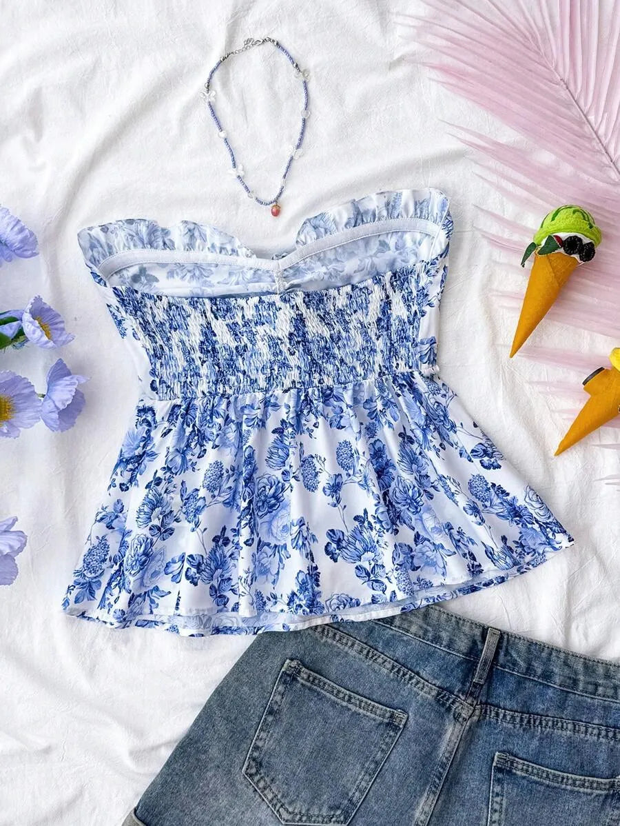 Teen Girls' Floral Print Halter Crop Top – Vacation Style Patchwork Tie Front Shirred Trim Cami