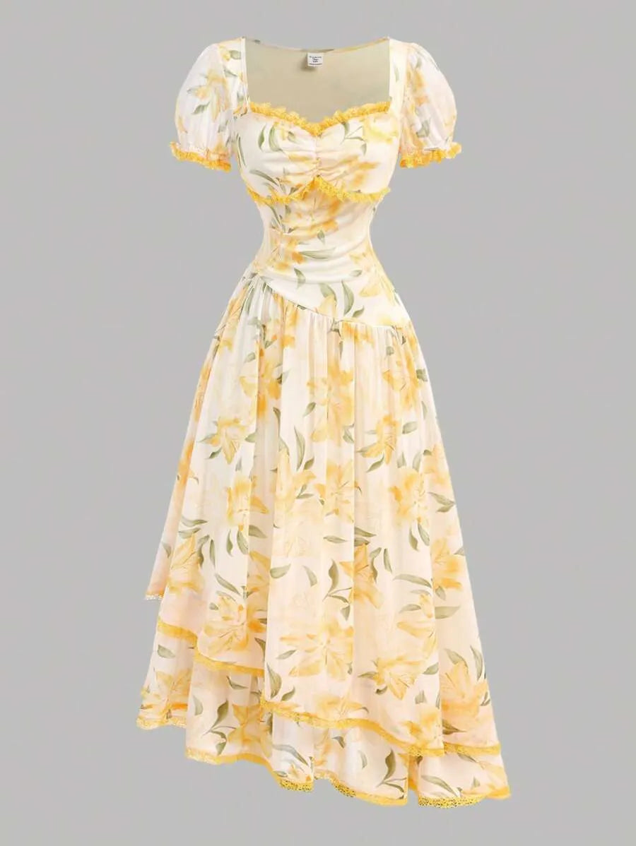 Teen Girls' Yellow Puff Sleeve Floral Dress – Elegant Spring Outfit for Parties & Special Occasions