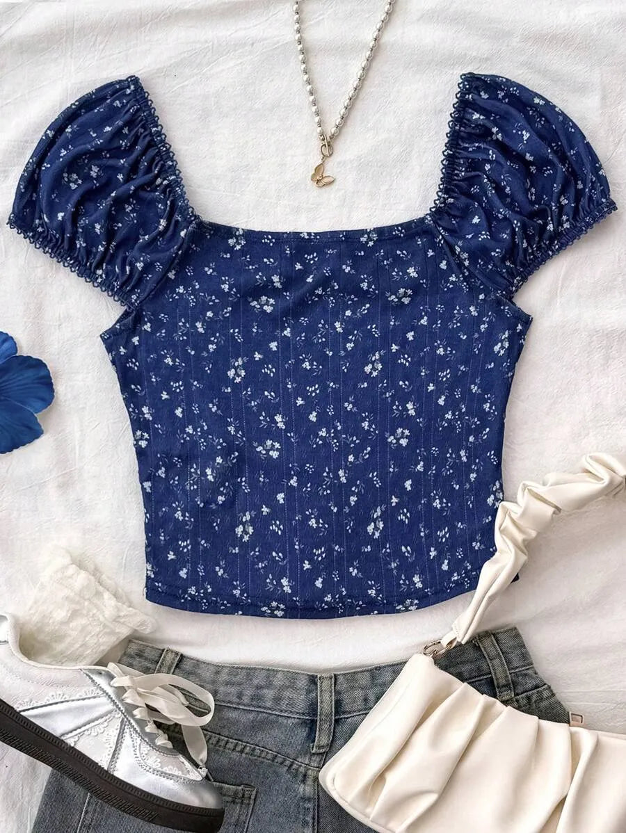 Teen Girls' Floral Lace Mesh Puff Sleeve Slim Top – Pleated Short-Sleeve Square Neck T-Shirt for Tea Parties & Summer