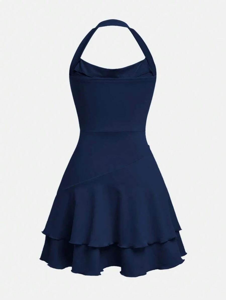Teen Girls' Knitted Halter Skater Dress – Ruffle Hem Graduation Dress for Special Occasions
