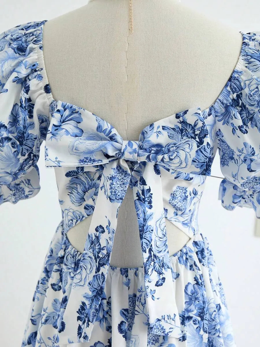 Teen Girls' Puff Sleeve Backless Floral Dress – Waist-Cinched A-Line Vacation Dress for Spring & Summer