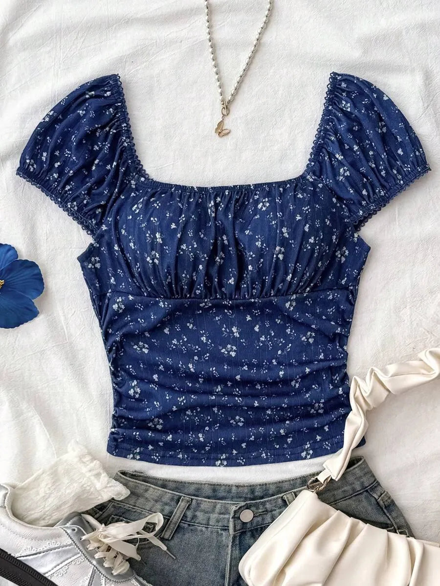 Teen Girls' Floral Lace Mesh Puff Sleeve Slim Top – Pleated Short-Sleeve Square Neck T-Shirt for Tea Parties & Summer