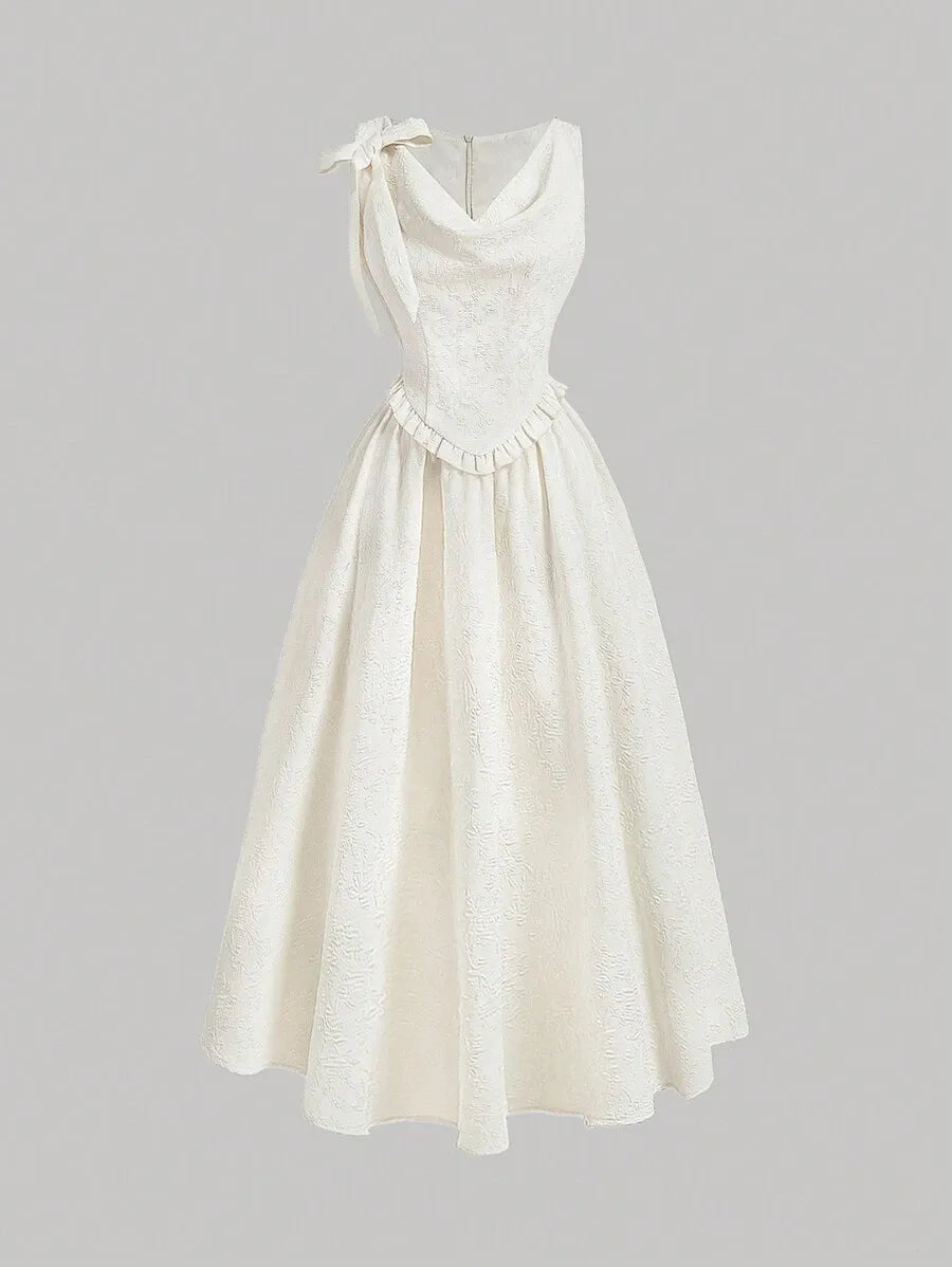 Teen Girls' Sleeveless Jacquard Dress – Elegant Solid Color Woven Design with Removable Bow Collar