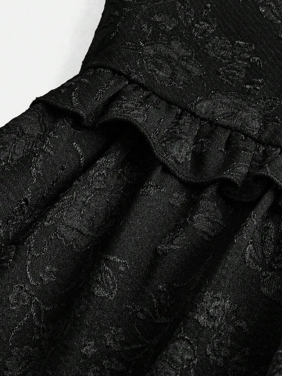 Teen Girls' Sleeveless Jacquard Dress – Elegant Solid Color Woven Design with Removable Bow Collar
