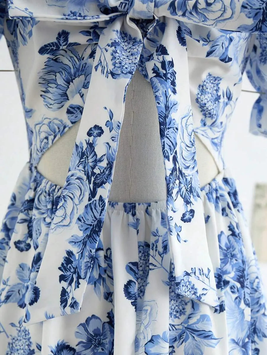 Teen Girls' Puff Sleeve Backless Floral Dress – Waist-Cinched A-Line Vacation Dress for Spring & Summer