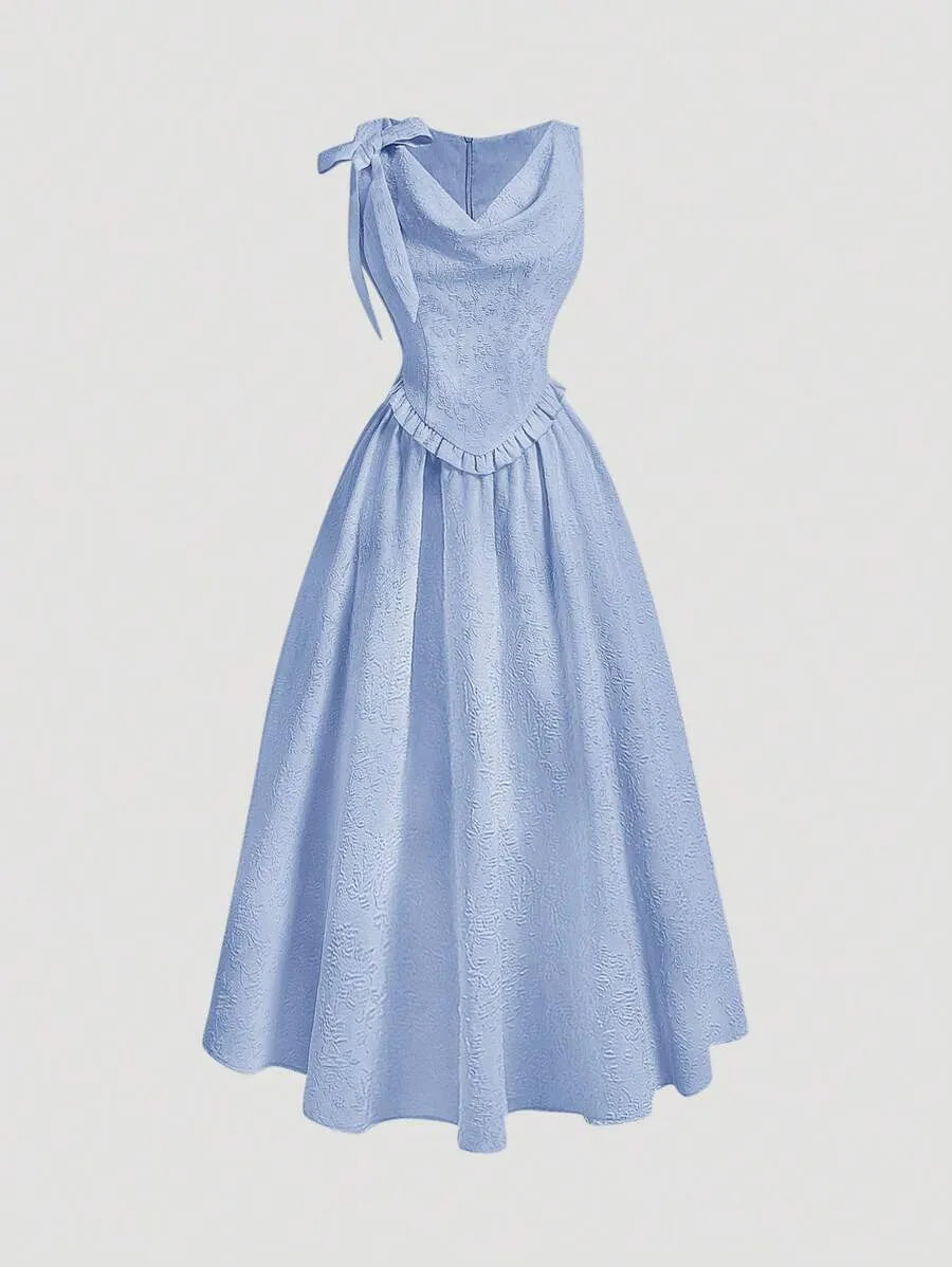 Teen Girls' Sleeveless Jacquard Dress – Elegant Solid Color Woven Design with Removable Bow Collar