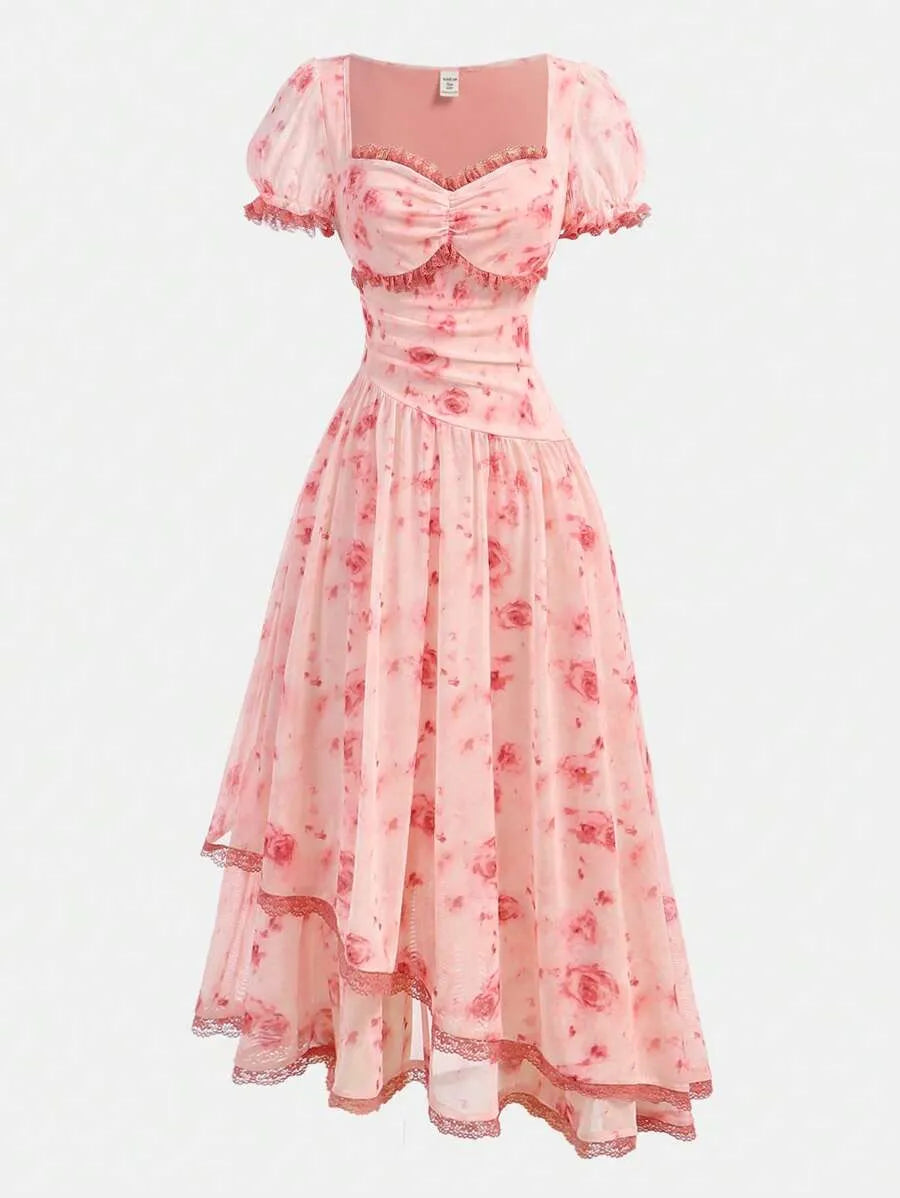 Teen Girls' Yellow Puff Sleeve Floral Dress – Elegant Spring Outfit for Parties & Special Occasions