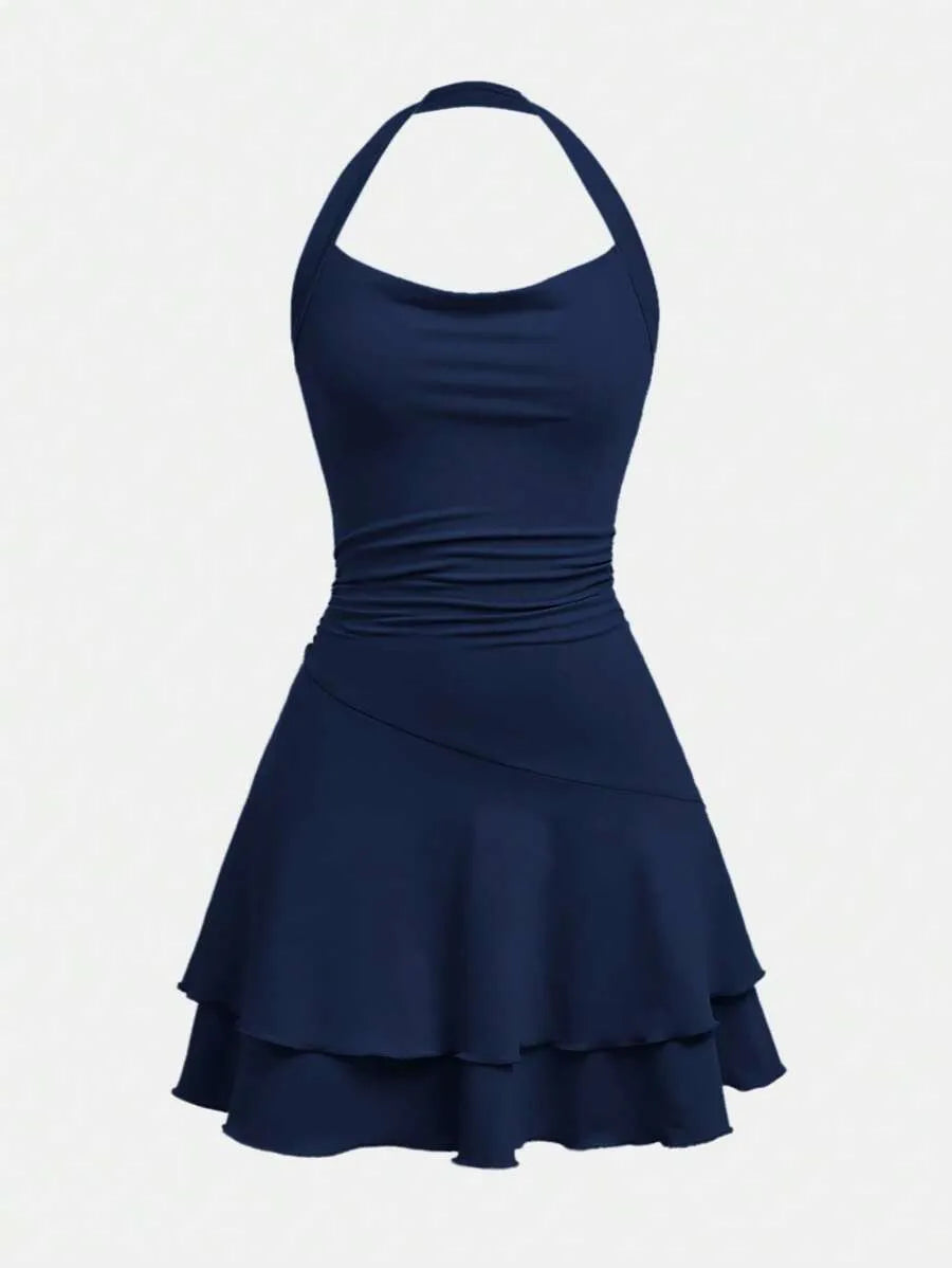 Teen Girls' Knitted Halter Skater Dress – Ruffle Hem Graduation Dress for Special Occasions