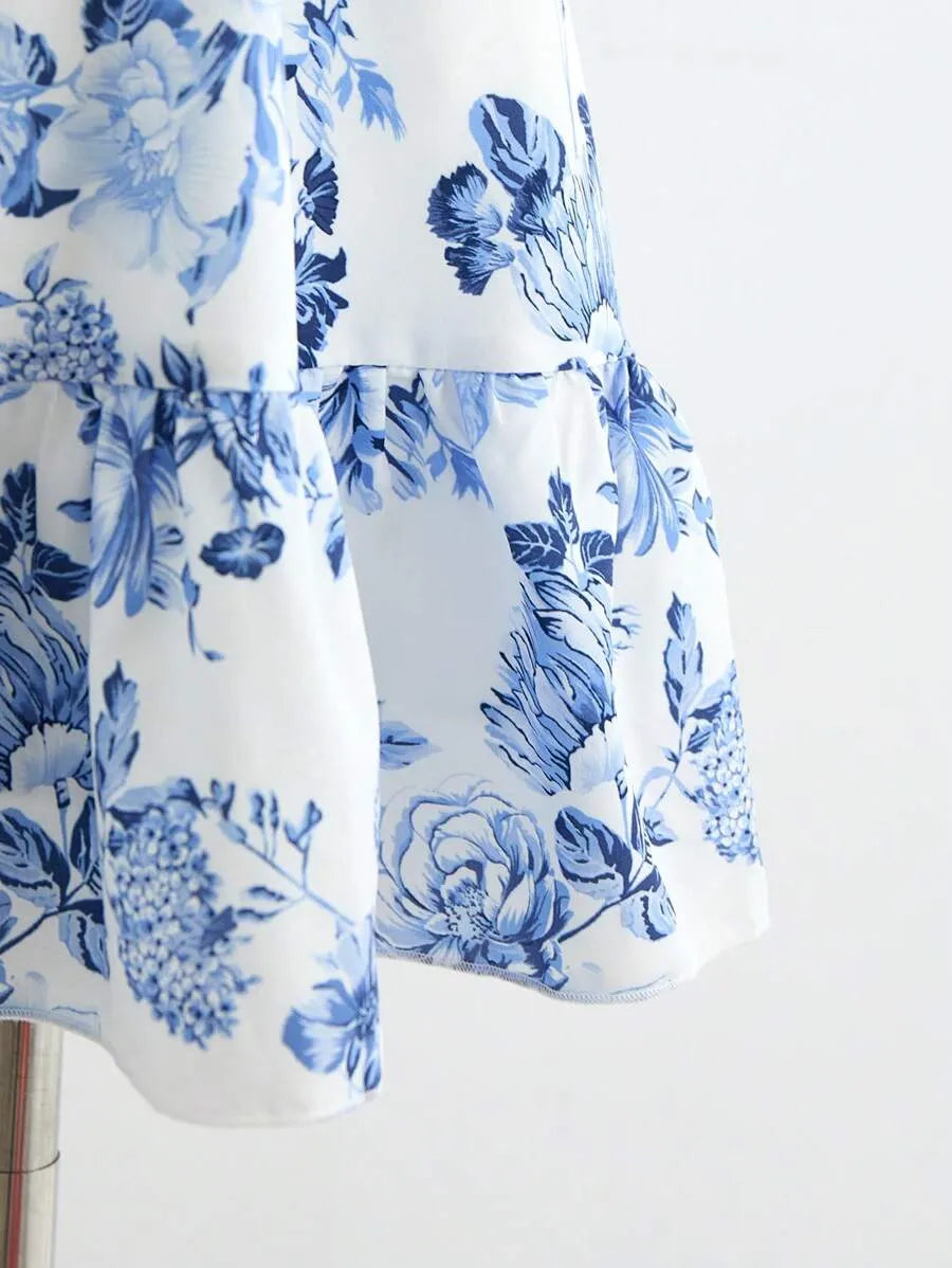 Teen Girls' Puff Sleeve Backless Floral Dress – Waist-Cinched A-Line Vacation Dress for Spring & Summer