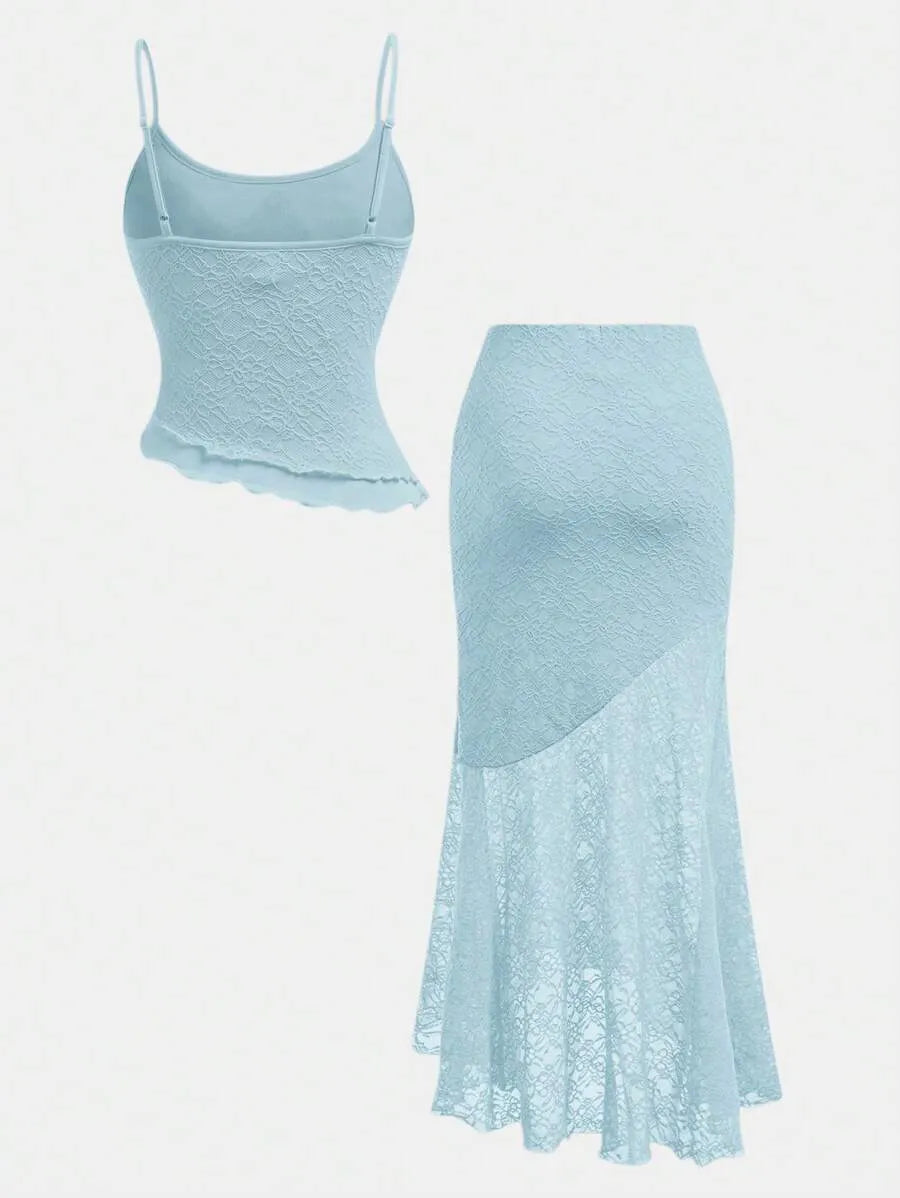 Teen Girls' Lace Cami & Mermaid Skirt Set – Blue Asymmetrical Two-Piece Outfit for Parties, Weddings & Summer Events